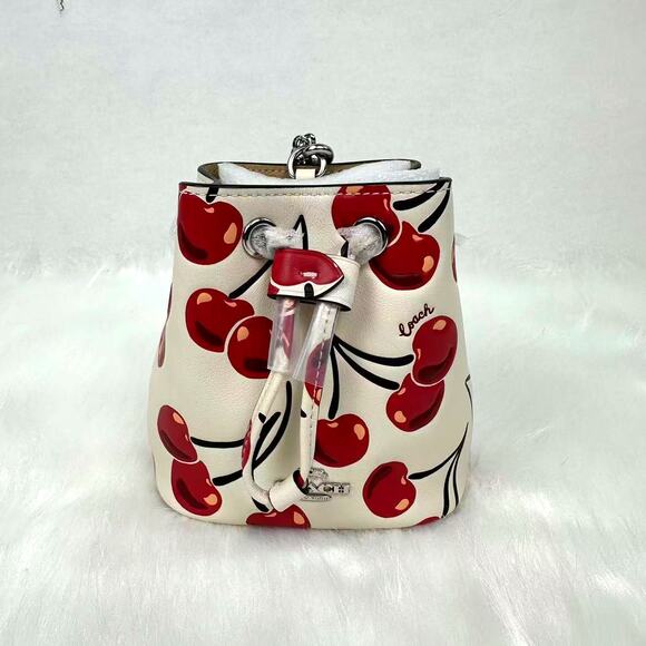 Coach Drawstring Wristlet Chain Strap Cherry Print Silver Chalk Multi CZ030 NWT - Picture 1 of 8